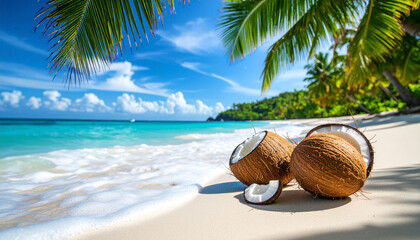 Three coconuts rest on a pristine white sand beach, partially submerged in gentle waves. Lush palm trees frame a vibrant turquoise ocean under a bright, sunny sky