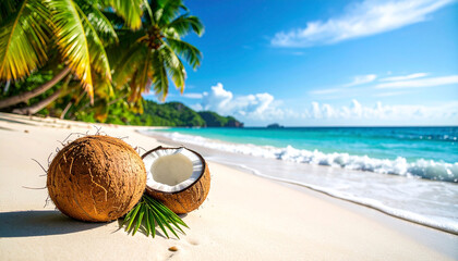 Idyllic tropical beach scene with a whole and halved coconut resting on pristine white sand, lush palm trees, and turquoise ocean waves under a vibrant blue sky