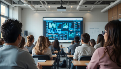 Students or Professionals in Modern Classroom with Digital Display