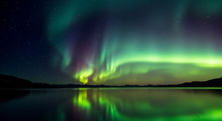 Green and purple gradient aurora background, aurora reflected in the sea