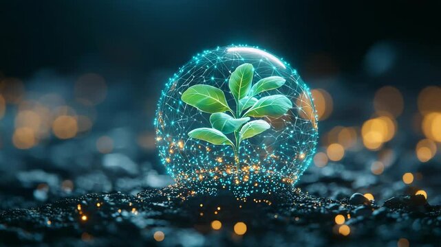 Technology and nature concept.A young green plant is encased in a glowing, digital sphere, symbolizing protection and technology in nature.