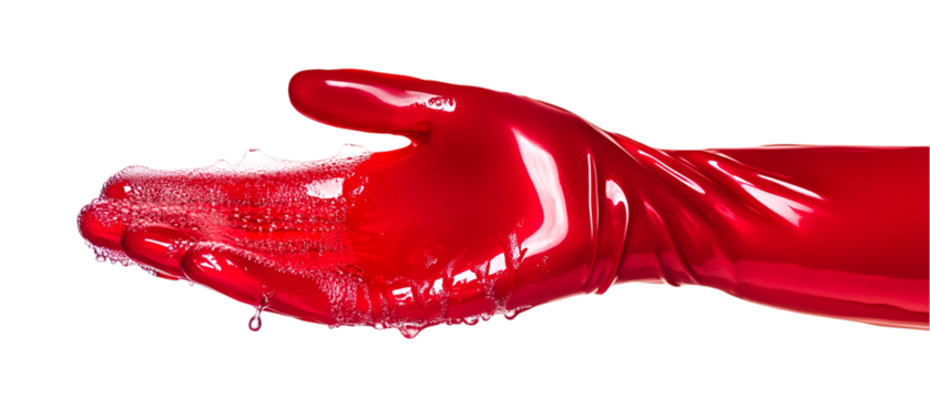 A vibrant red gloved hand delicately holds dripping soapy bubbles against a stark transparent background, conveying cleanliness and protection.