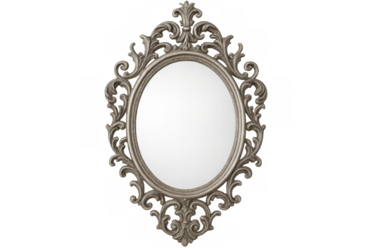 Elegant silver-framed oval mirror reflecting light, positioned against transparent backdrop for sophisticated interior styling