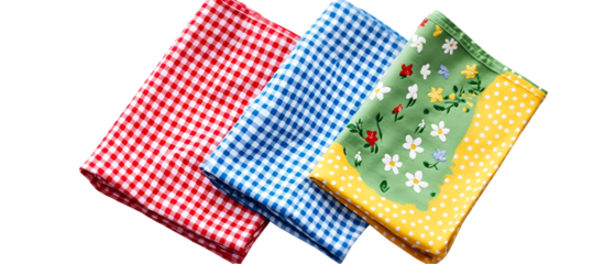 Three colorful fabric napkins with checkered and floral designs arranged on a transparent background create a warm and inviting feeling.