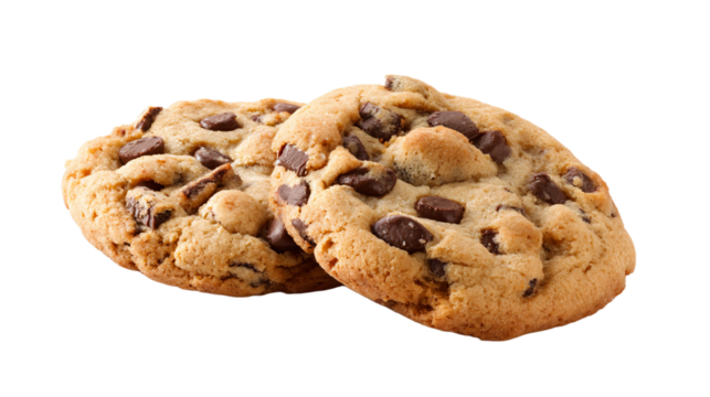 two chocolate chip cookies on a white surface