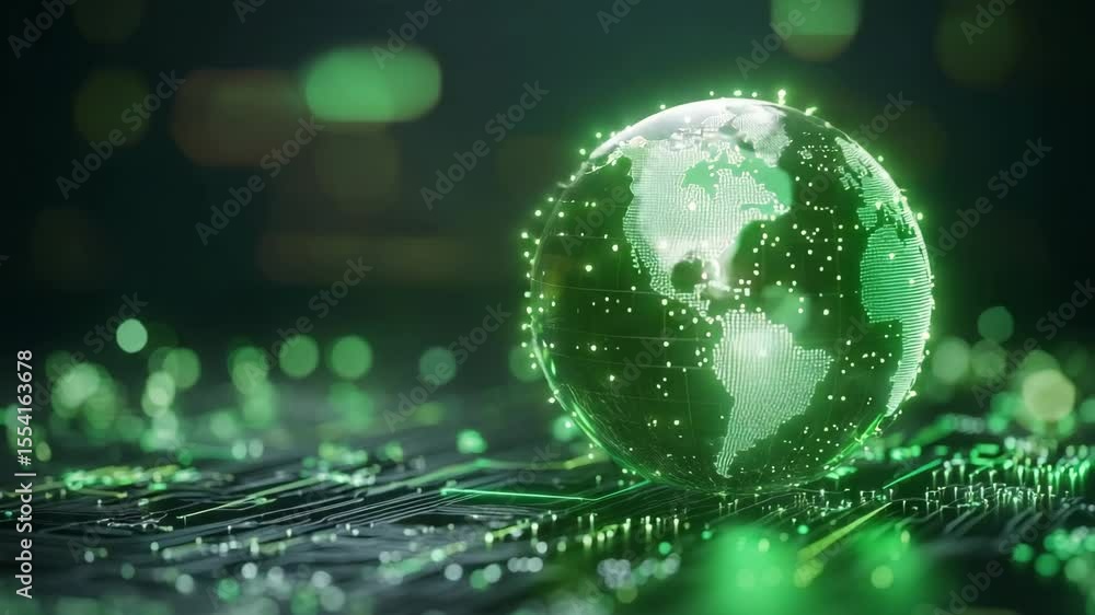 Poster technology and nature concept.a glowing digital globe with green lights and data points symbolizes g