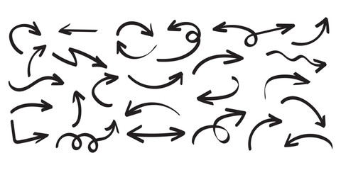 Arrows hand drawn doodle icons set. Curved cartoon arrows sketches collection. Flat and thin pointers illustrations. Scribble swirl arrow signs.