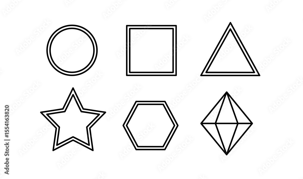 Poster geometric shapes arranged in two rows featuring outlines of familiar forms and polygonal figures