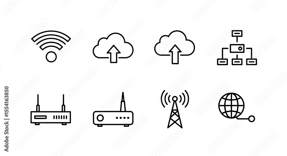 Poster illustration of various internet and networking icons in a clean line art style depiction of technol