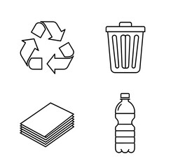 Outline drawing featuring a recycle symbol, trash bin, stack of papers, and a plastic bottle icon set