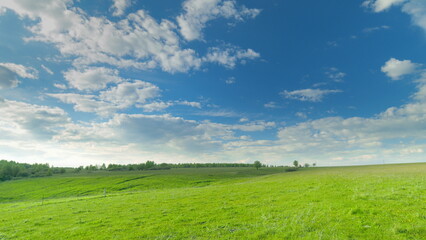 An Expansive Green Meadow Lies Beneath a Beautiful Bright Blue Sky Filled with Fluffy Clouds Time lapse.