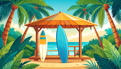 Two surfboards lean against a thatched beach hut nestled amongst lush tropical palms, overlooking a tranquil ocean