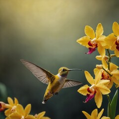 Yellow hummingbird hovering near yellow orchids
