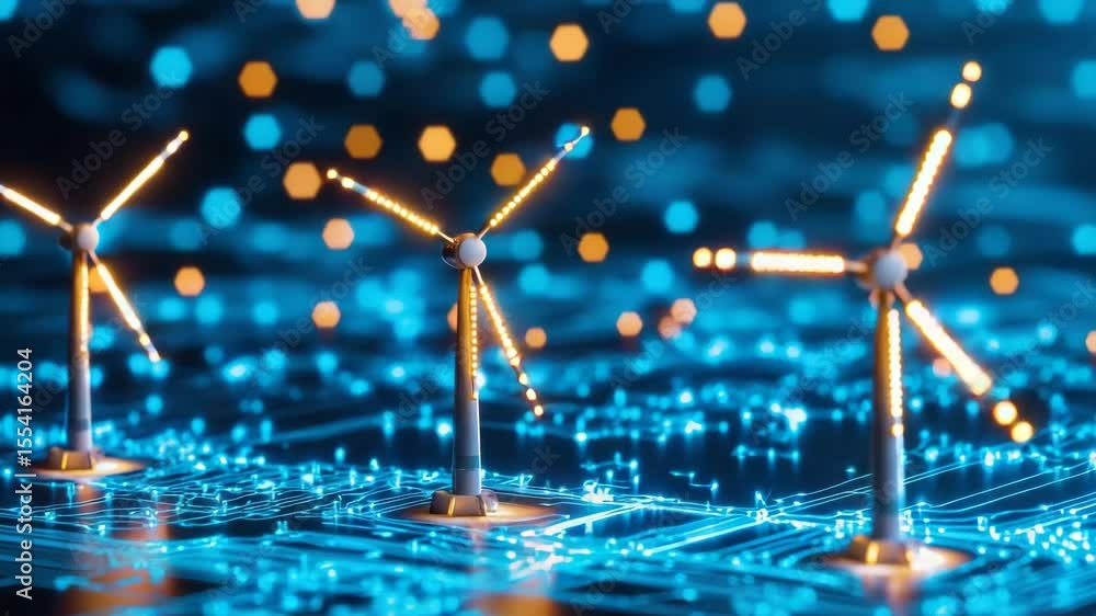 Poster technology and nature concept.three illuminated wind turbines stand on a glowing digital circuit boa