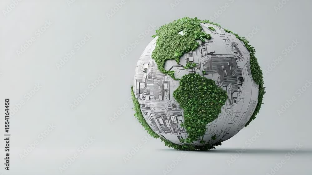 Poster technology and nature concept.a globe combining circuit board patterns and green foliage, symbolizin