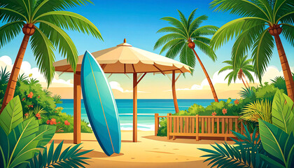 Idyllic tropical beach scene with a surfboard leaning against a shaded beach umbrella, near a wooden fence and lush greenery, under a vibrant blue sky