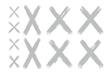 Six Gray X Marks on White Canvas: Six gray X marks in different sizes are painted with brushstrokes creating dynamic, artistic composition and a strong visual statement.