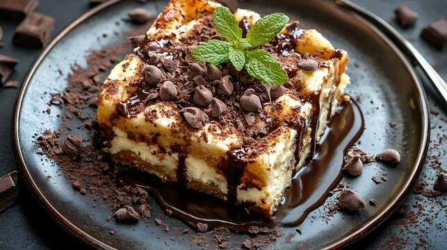 Slice of homemade bread pudding with vanilla cream and chocolate sauce