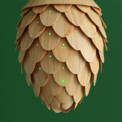 Fototapeta premium Wooden Pine Cone Lamp with Green Background, and 3D Render.