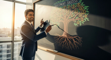 Enthusiastic Businessman Drawing Money Tree on Chalkboard in Bright Office Representing Financial Growth and Investment Strategy Wearing a Blue Suit