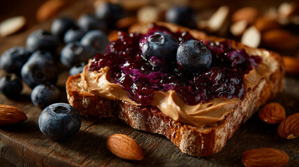 peanut butter and jelly sandwich, with fresh blueberries and almonds 
