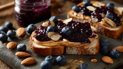 peanut butter and jelly sandwich, with fresh blueberries and almonds 