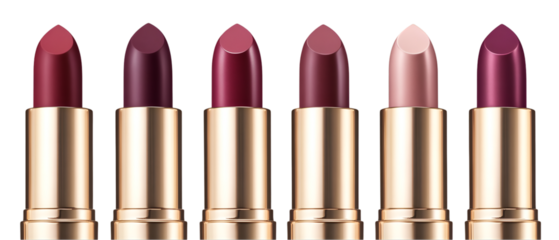 Elegant assortment of lipsticks displayed in a row showcase a range of shades, perfect for cosmetic advertising or beauty product promotions, transparent background