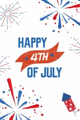 Obraz premium Vertical banner design with fireworks and a rocket surrounding “Happy 4th of July” text, styled in bold orange and blue with scattered patriotic sparkles.