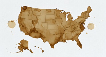 Coffee-Stained Map of the United States: A Unique Watercolor Art Print