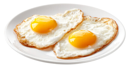 two fried eggs on a plate on a white table