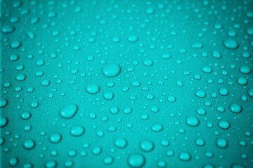 A detailed close-up image of water droplets scattered on a smooth blue surface. The droplets create...