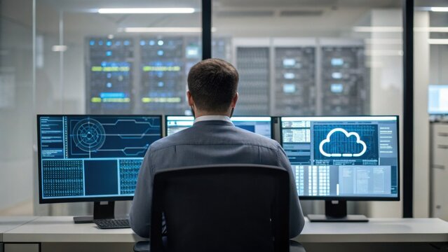A man in a suit monitors multiple screens displaying data and cloud graphics in a modern control room or office environment. - Powered by Adobe