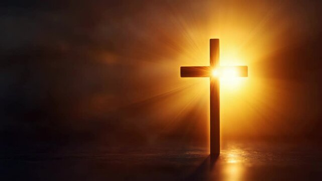 Wooden cross glowing with bright light and radiant sun rays, symbolizing spiritual faith and hope, religious symbol shining warmly in dark background silhouette for worship