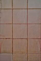 A close-up photo of a wall tiled with square, beige tiles. The tiles are slightly weathered and show signs of age. Perfect for 3D materials.
