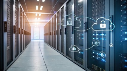 A modern data center hallway with server racks and cloud security icons representing secure cloud data storage and protection.