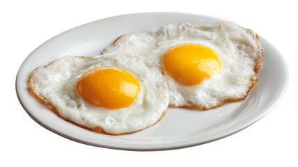 two fried eggs on a plate on a white table