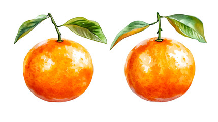 Two vibrant tangerines with green leaves create a watercolor painting style on a dark transparent background, ideal for summer themes.