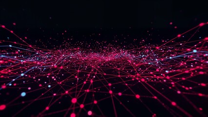 Futuristic Data Network Visualization – Red and Blue Particle Grid Waves