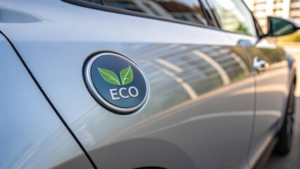 Close-up of a silver car with an "ECO" badge featuring green leaves, symbolizing an environmentally friendly vehicle.