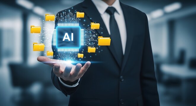 Businessman presenting artificial intelligence concept with data and network connections for digital innovation