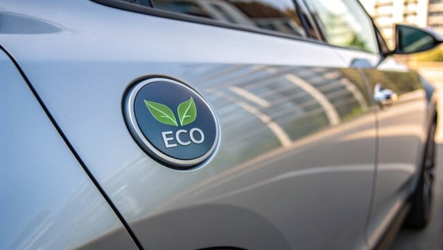 Close-up of a silver car with an "ECO" badge featuring green leaves, symbolizing an environmentally friendly vehicle.