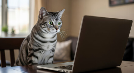 Alert Striped Tabby Cat Gazing at Laptop Screen on Wooden Table in Brightly Lit Home Interior