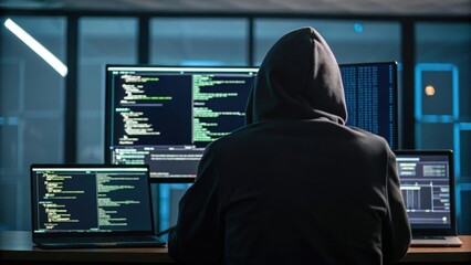 A person in a hoodie is coding on multiple screens in a dark room, suggesting cybersecurity or hacking activity.