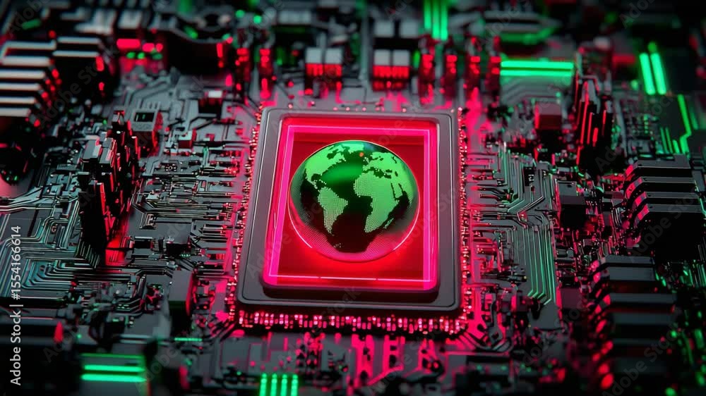 Poster technology and nature concept.a glowing microchip with a digital globe at its center, surrounded by 