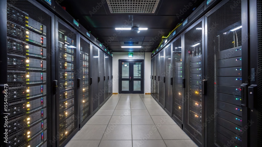Aufkleber a modern data center hallway with rows of server racks on both sides, illuminated by overhead lights