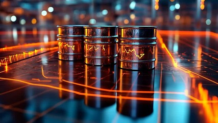 Three oil barrels with stock market graph on a glowing surface. - Powered by Adobe