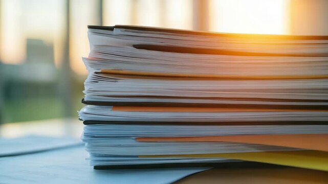 Stack of paper document and office paperwork on desk with sunlight creating calm atmosphere, business file folder and paperwork symbolizing workload and organized workspace