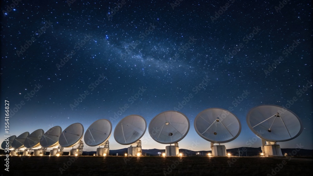 Poster a row of large radio telescopes under a starry night sky, capturing signals from space in a remote, 