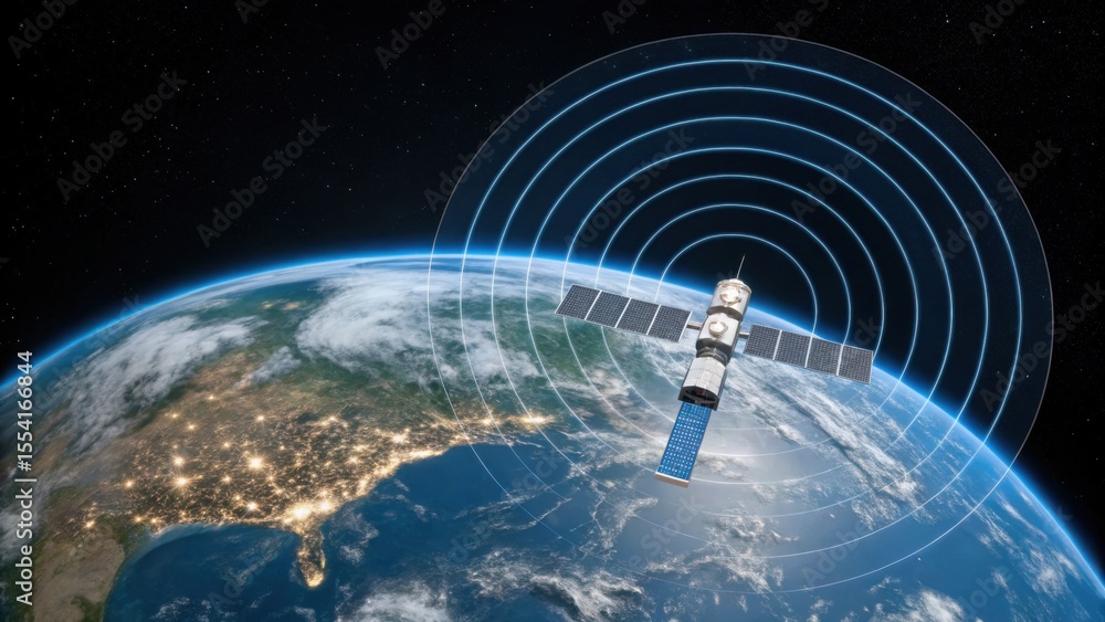 Poster a satellite orbits earth, transmitting signals over the illuminated continents and oceans visible be