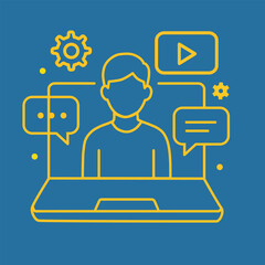 Minimalist vector illustration of an online webinar concept featuring a person on a laptop screen, surrounded by speech bubbles, gears, and digital media icons